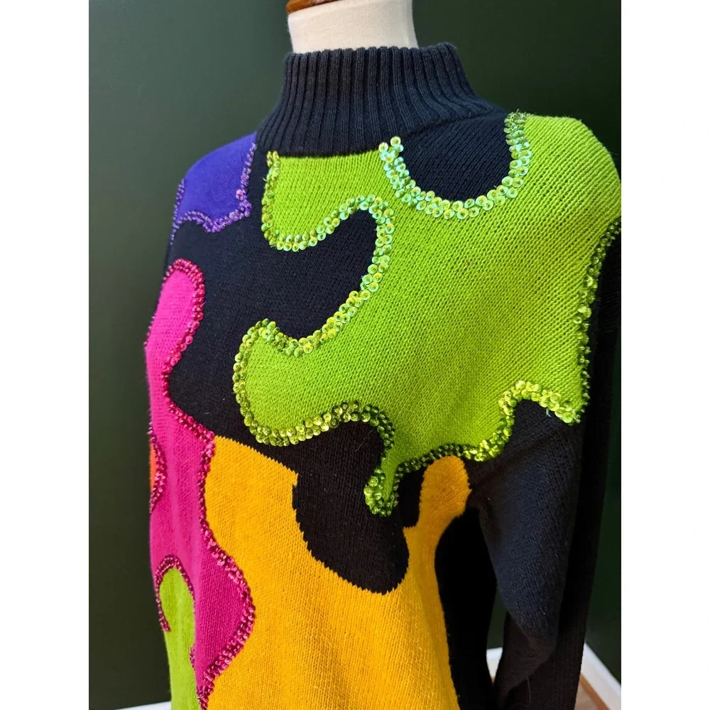 Vintage Santoria 1992 Funky Puzzle‎ Piece Sequin Turtleneck Sweater Dress M